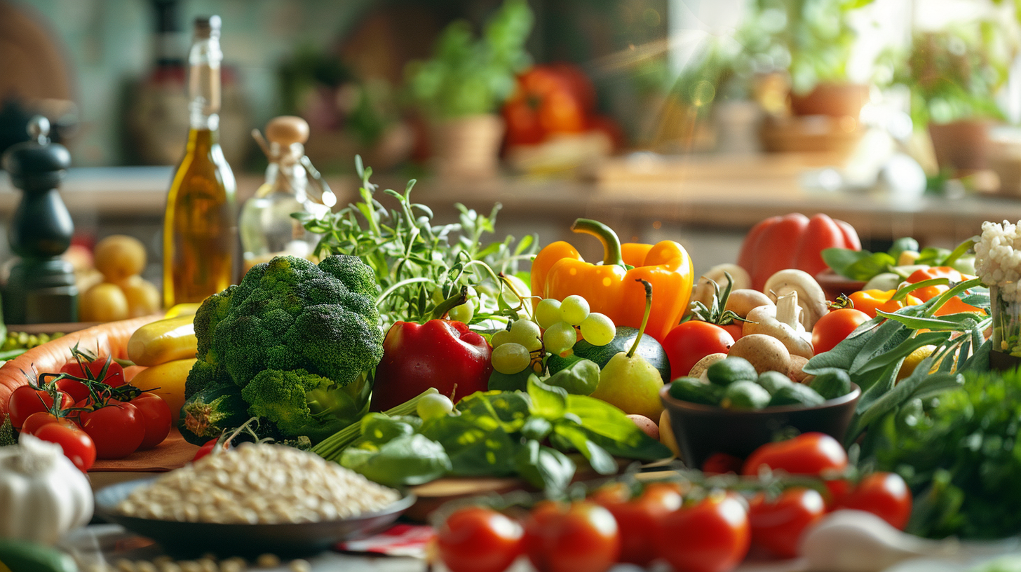 Кольорові овочі та фрукти на столі